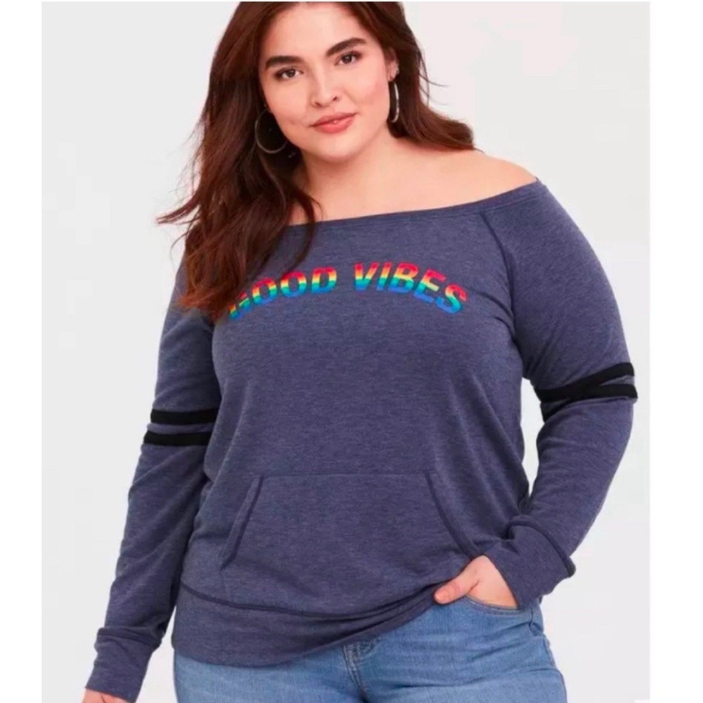 NWT Torrid Good Vibes Navy Off Shoulder Sweatshirt Blue Soft Plus Size 1X New